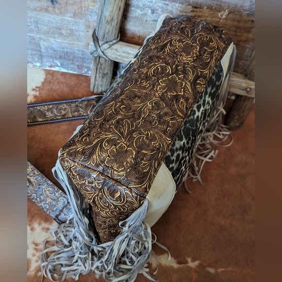 L. V. Inspired Fringed Handbag With Guitar Strap & Fringe - Picture 12 of 16